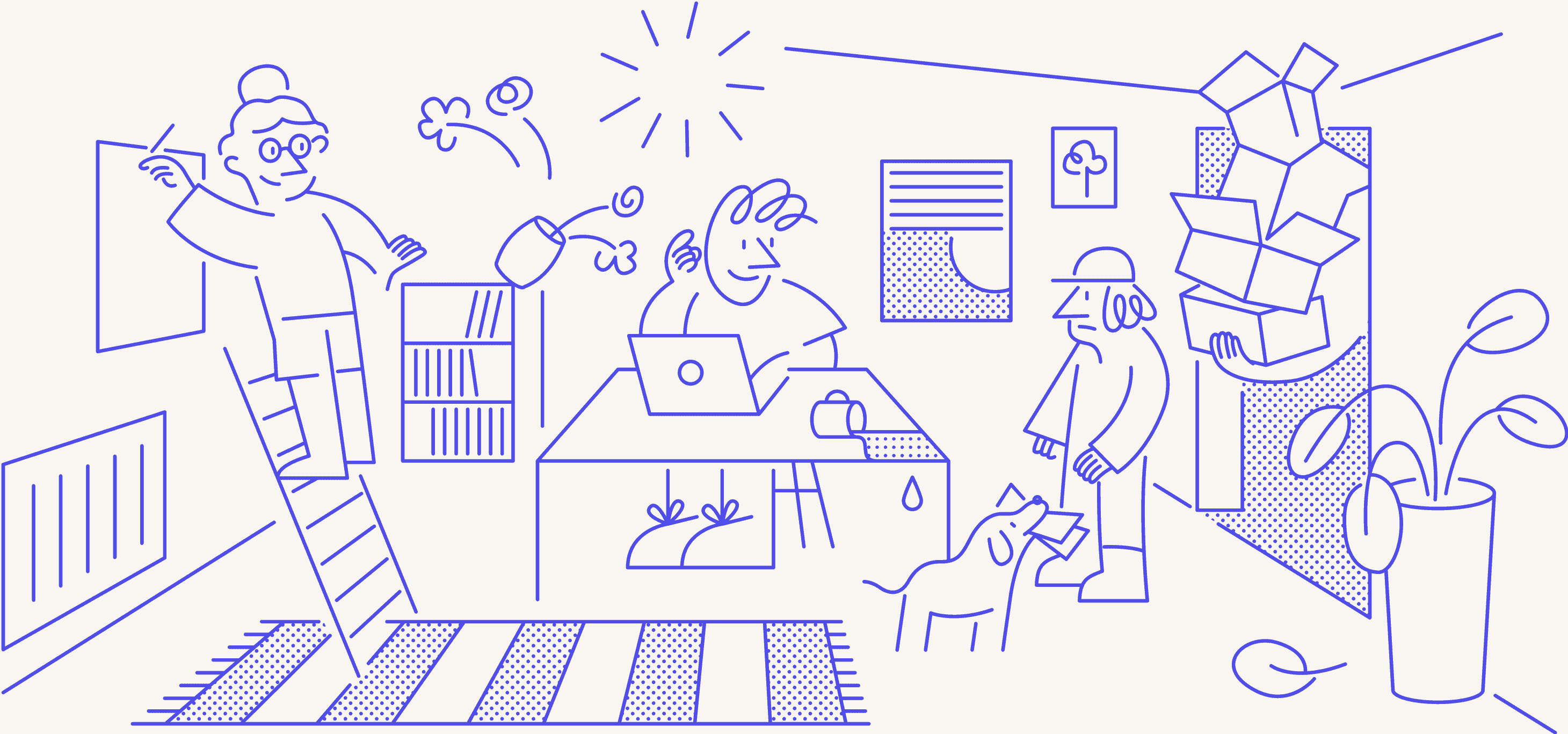 Line illustration of a busy home office scene: a person works at a laptop, a dog interacts with a visitor holding paper, a person on a ladder hangs artwork, another carries stacked boxes through the doorway. Houseplants and scattered objects decorate the room.
